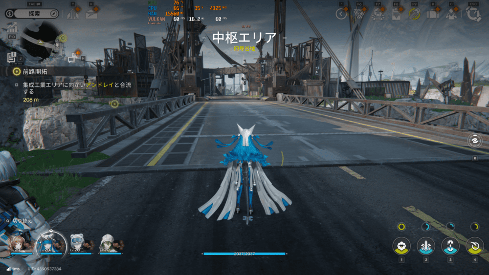 推奨スペッククラスのRTX 2060 SUPER搭載PC・WQHD・低設定・探索中のゲーム画面とFPSモニタリング表示