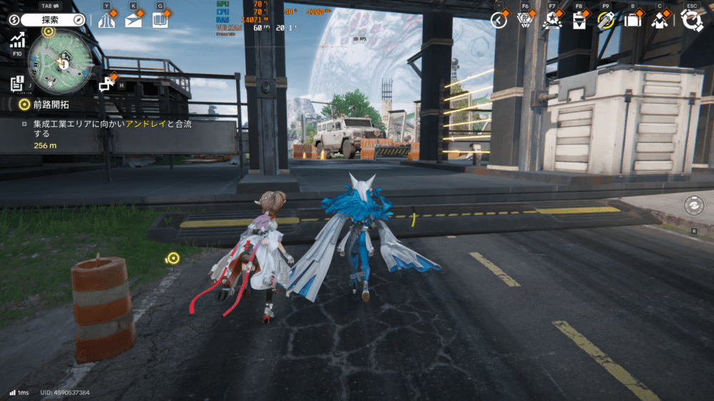 推奨スペッククラスのRTX 2060 SUPER搭載PC・WQHD・高設定・探索中のゲーム画面とFPSモニタリング表示