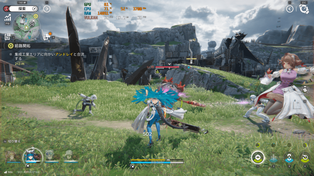 必要スペック付近のRX 570搭載PC・フルHD・低設定・戦闘中のゲーム画面とFPSモニタリング表示